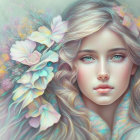 Young Woman with Wavy Hair and Pastel Flowers in Dreamy Digital Painting