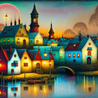 Colorful stained glass-style village illustration with houses, church, trees, and river