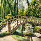 Tranquil landscape with stone bridge, lush greenery, and colorful blossoms