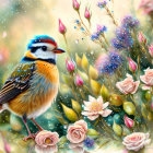 Colorful Bird Surrounded by Flowers and Berries in Gentle Rain