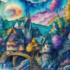 Vibrant village painting: quaint houses, waterfall, starry sky, full moon