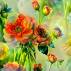 Colorful Flowers Painting with Hummingbird in Soft-focus Garden