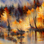 Autumn landscape painting with waterfalls and misty mountains