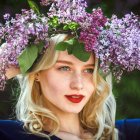 Blonde woman with lilac wreath and blue dress in green setting