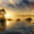 Tranquil sunrise scene with misty lake and glowing tree