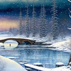 Winter landscape painting: couple on wooden bridge over snowy riverbank with swans, snow-covered trees,