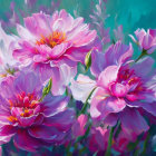 Colorful Watercolor Painting of Purple and Pink Peonies on Teal Background