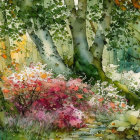 Lush Forest Scene with Blooming Flowers and Sunlight