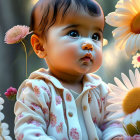 Toddler in Floral Outfit Surrounded by Nature and Daisies