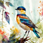 Colorful bird illustration perched on branch with falling raindrops