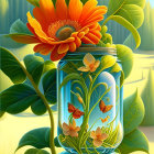 Colorful Plant Illustration in Glass Terrarium with Mystical Glow