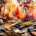 Colorful Autumn Forest Watercolor Painting with Whimsical Dark Circles