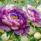 Detailed Purple and White Peonies Painting with Dreamy Background