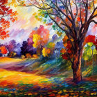 Colorful Trees Painting with Dynamic Brushstrokes and Walking Figure