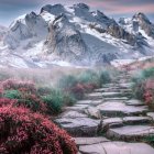 Tranquil landscape with cottage, lake, sailboat, flowers, mountains, colorful sky