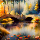 Colorful Autumn Forest Scene: Stone Bridge Over Calm River