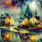 Colorful Illustration of Cozy Houses by Serene Lake at Twilight