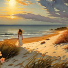 Woman in White Dress Walking on Beach at Sunset