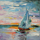 Watercolor Sailboat Scene at Sunset with Mountains