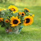 Sunflower bouquet in vase against blooming field