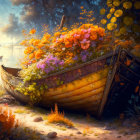 Weathered wooden boat adorned with flowers in forest clearing