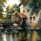 Tranquil autumn scene: house by river, colorful foliage, bridge.