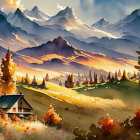 Colorful Landscape Painting: Serene Valley, Houses, Path, Mountains