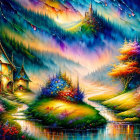 Fantasy landscape with colorful flora, whimsical houses, serene river, and starry sky