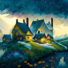 Night scene: illuminated cottages by river under starry sky, moon reflections.