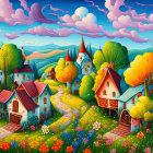 Colorful village painting with patterned trees and floating islands in sky