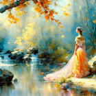 Woman in Orange Gown by Stream in Vibrant Autumn Forest