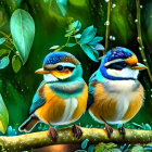 Colorful Birds Perched on Branch with Green Foliage and White Flower