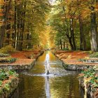 Tranquil autumn forest scene with tall trees and fallen leaves in watercolor