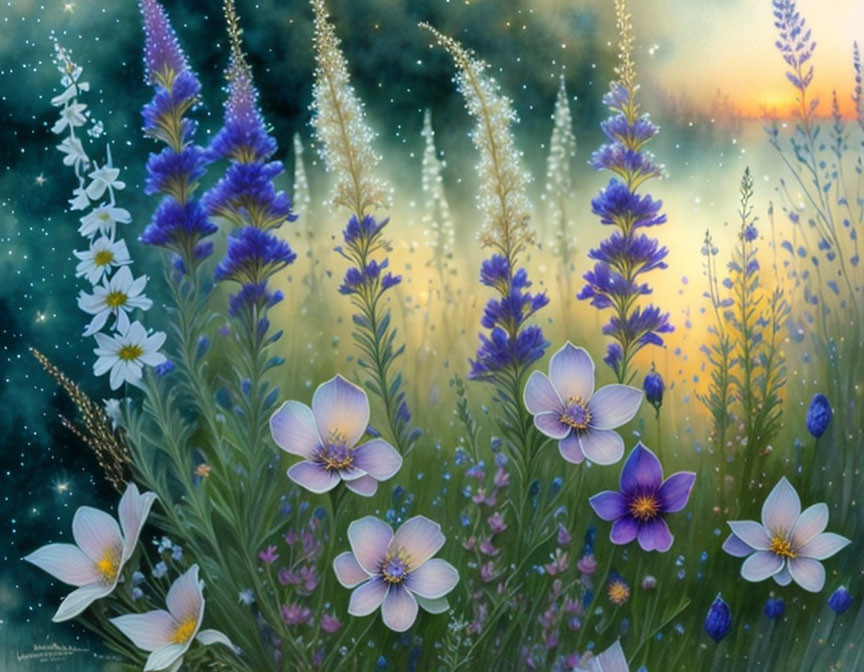 Twilight painting: Vibrant wildflowers under setting sun