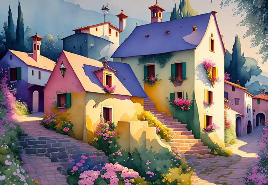 Colorful illustration of whimsical village with flower-adorned houses