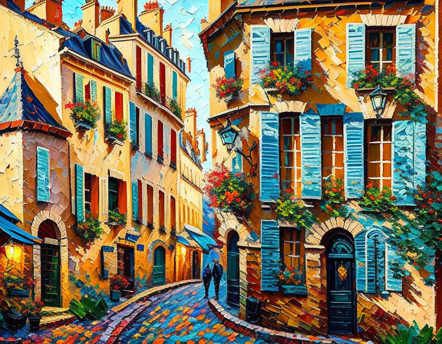 Vibrant Impressionist Painting: European Street with Cobblestones & Blooming Flowers