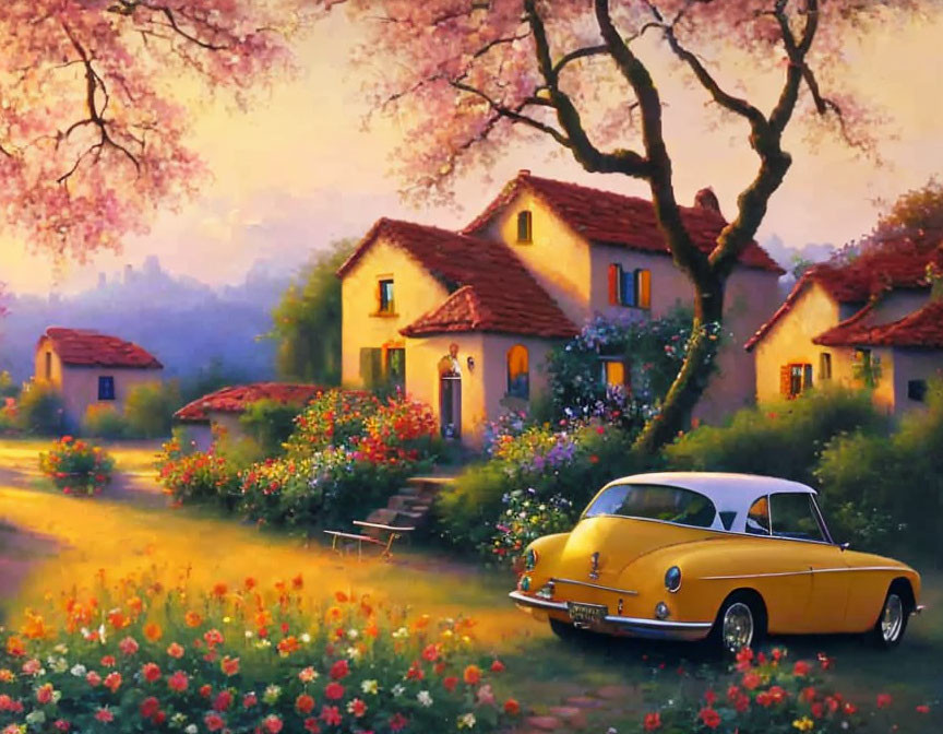 Sunset village scene with pink trees, yellow car, flowerbeds, and lit cottages