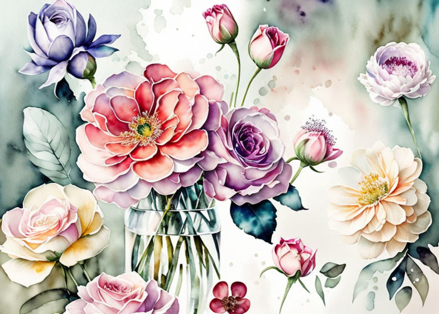 Assorted Flowers Watercolor Illustration in Soft Pastel Colors