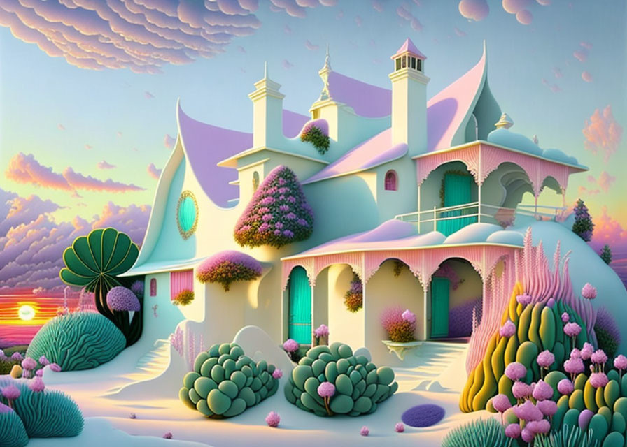 Vibrant pastel surreal landscape with whimsical cottage and fantasy flora