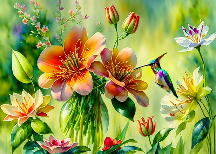 Colorful Flowers Painting with Hummingbird in Soft-focus Garden