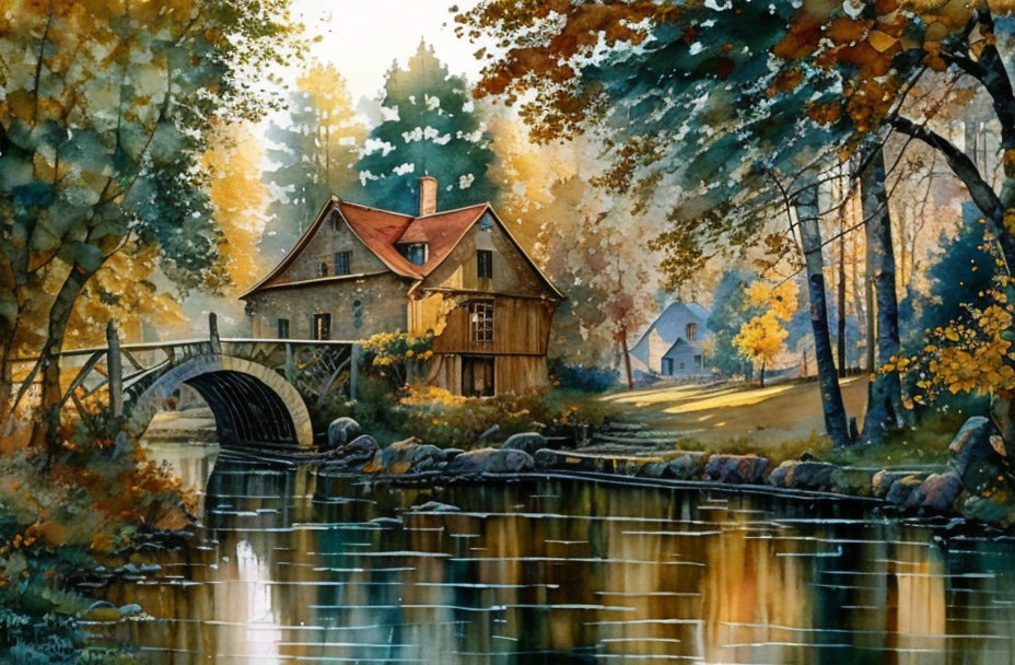 Tranquil autumn scene: house by river, colorful foliage, bridge.