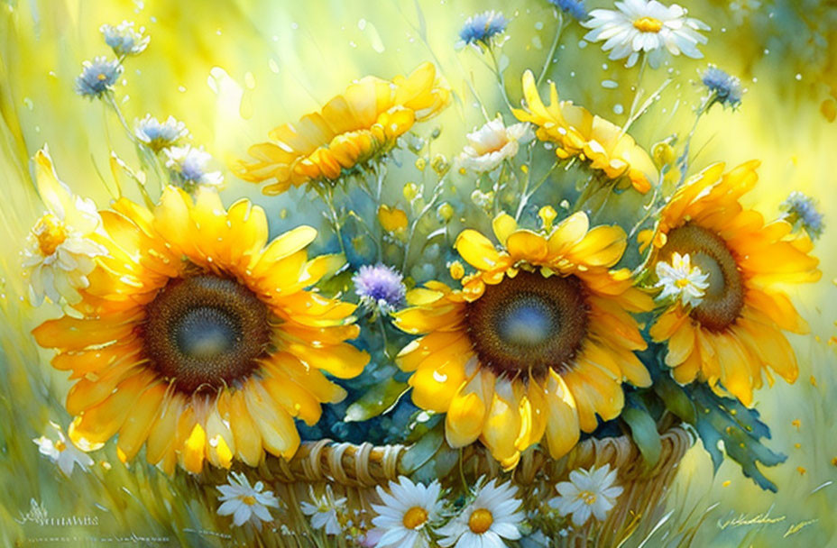 Colorful Sunflowers and Wildflowers Painting on Yellow Background