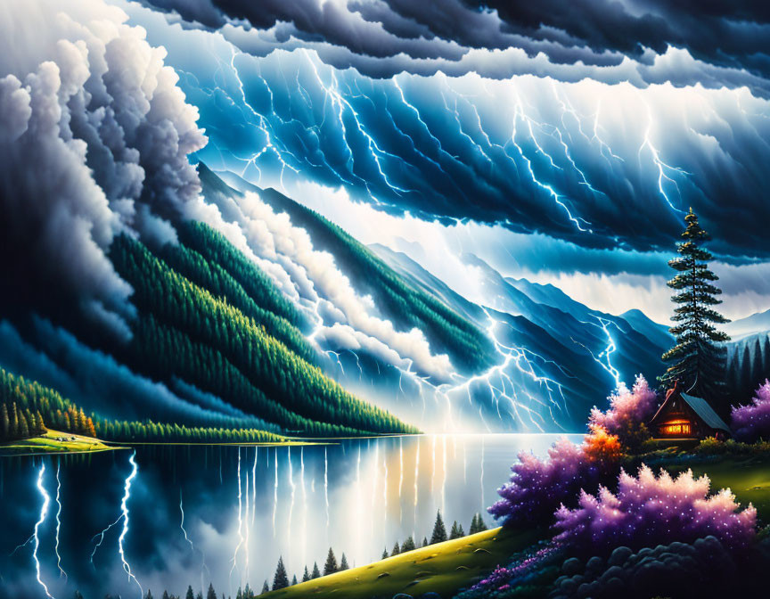 Thunderstorm Artwork: Lightning Strikes Over Mountain Landscape