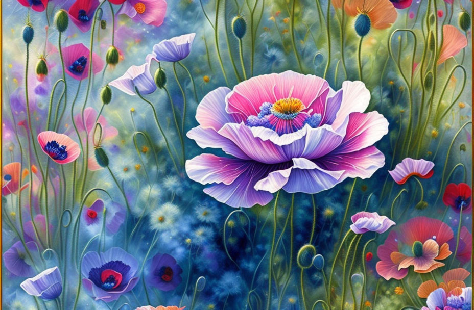 Colorful Blooming Flower Garden with Pink and Purple Poppies on Blue Background