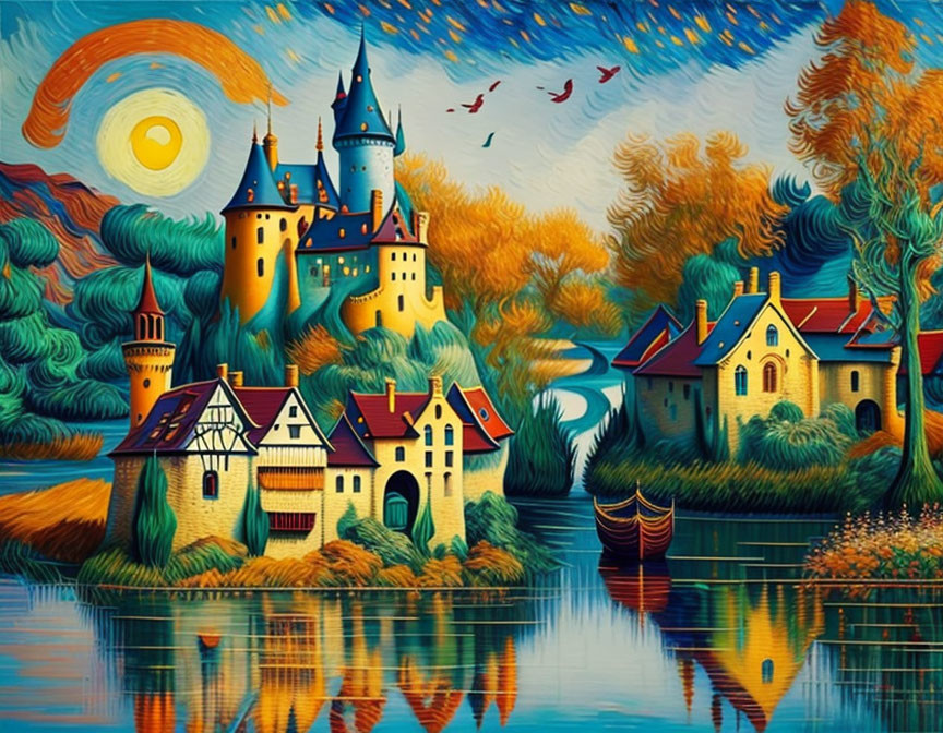 Medieval castle painting with lake, colorful trees, houses, boat, birds, and bright sun