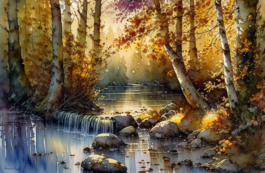 Autumnal forest watercolor painting with golden leaves and serene stream