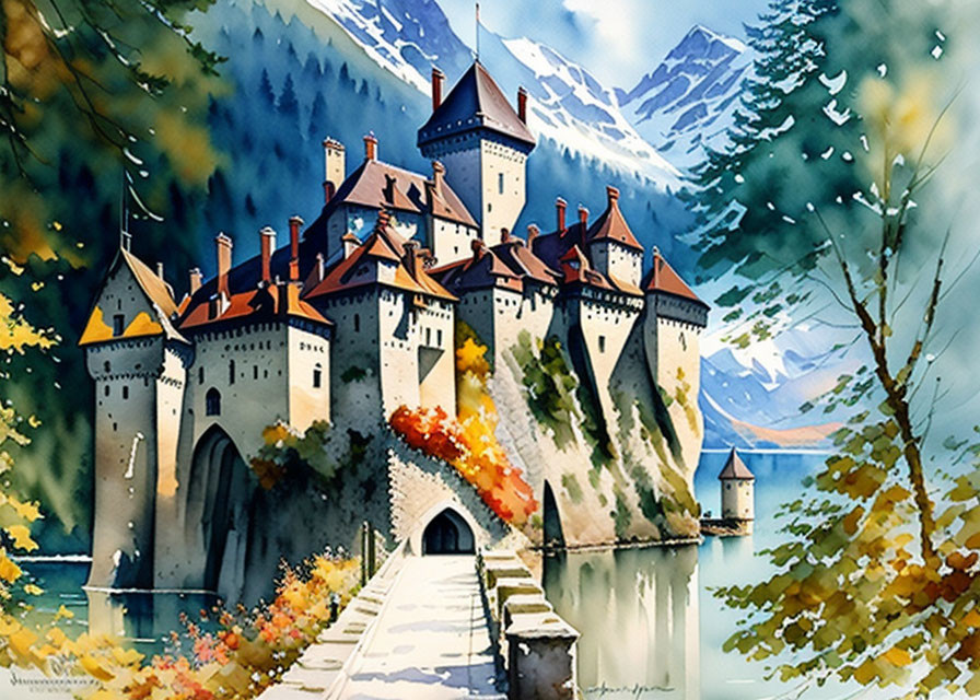 Majestic castle surrounded by forested mountains and stone bridge