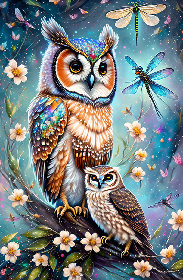 Vibrantly colored owls on branch with dragonfly and starry backdrop