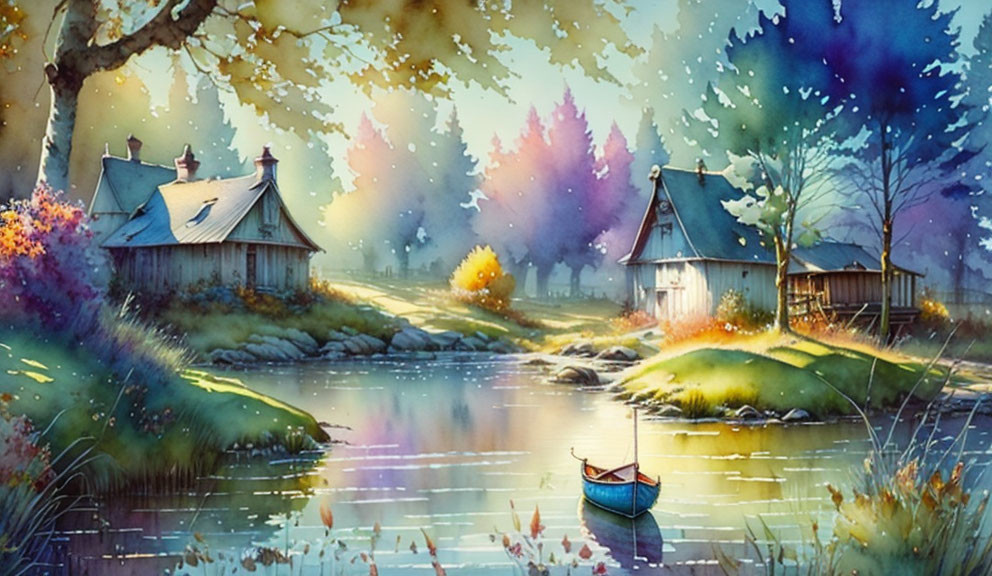 Tranquil watercolor landscape: two houses near river, vibrant foliage.