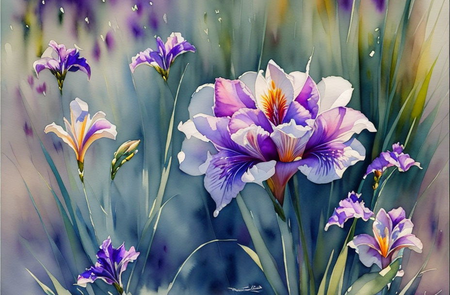 Purple and White Irises Watercolor Painting with Lush Greenery